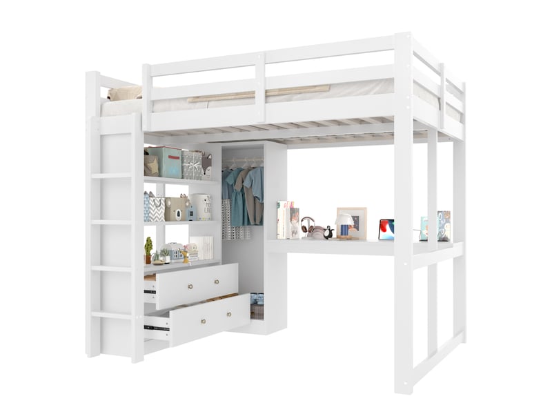  Lit mezzanine 140x200 cm, design moderne, avec 2 tiroirs, bureau intégré, led et usb, bois mdf, blanc, sans matelas  - Conforama A
