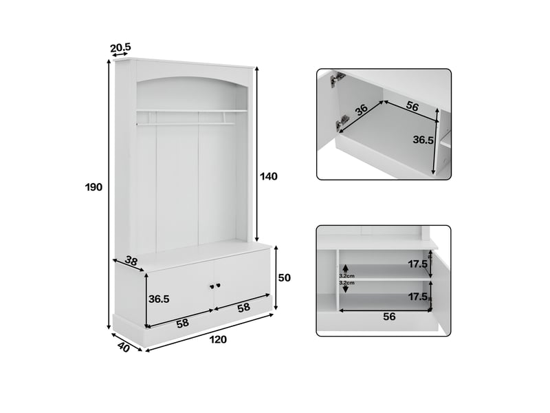 Vestiaire d'entrée avec banc à chaussures, meuble de rangement pour couloir et penderie multifonction 5 en 1, 120x40x190 cm, blanc - Conforama E