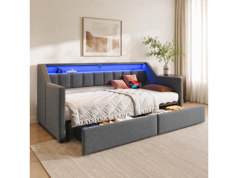  Lit gigogne 90x200 cm avec usb et type c, led et 2 tiroirs en lin et mdf gris  - Conforama B
