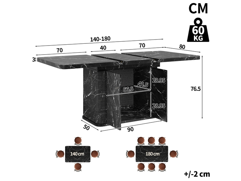  Table de salle à manger extensible avec rangement caché, relief vertical, effet marbre noir, 140 × 80 × 76,5 cm  - Conforama C
