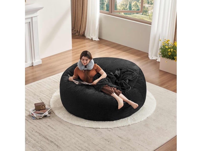Pouf géant rond 150x150x60 cm en velboa noir à mousse mémoire de forme - Conforama D