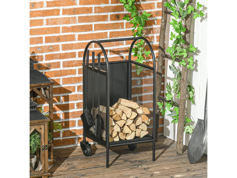  Range-bûches sur roulettes avec accessoires, métal noir, charge 50 kg, 37,5 x 37,5 x 80 cm  - Conforama C