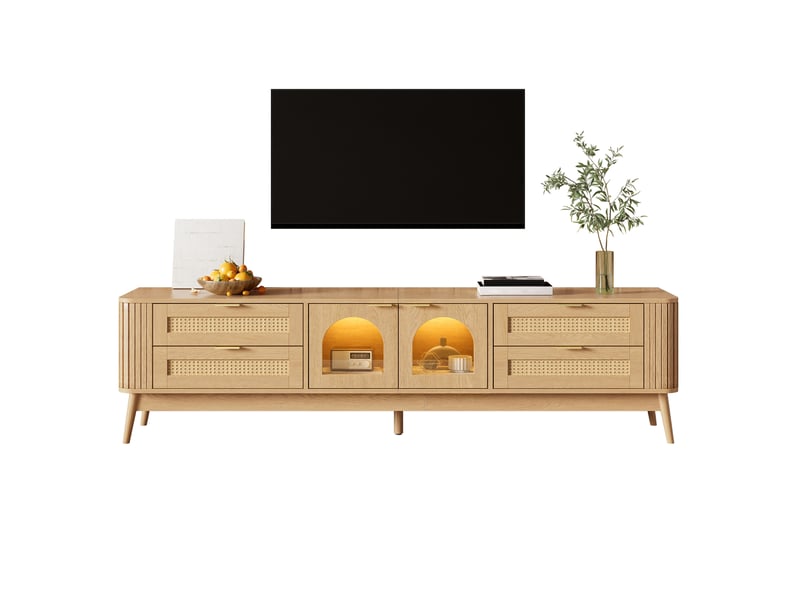  Meuble tv 180 cm avec led, 4 tiroirs en rotin, 2 portes cintrées en verre trempé, poignées métal, pieds en bois massif, naturel Sol Morn - Conforama A