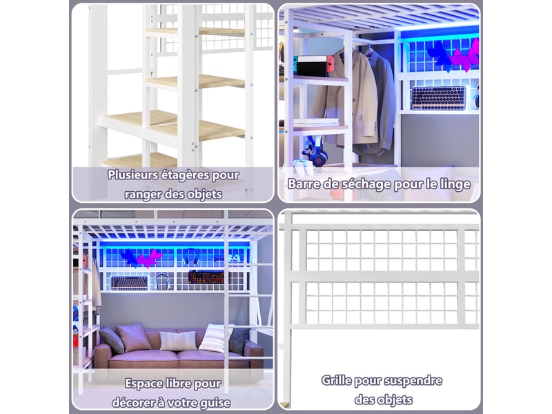  Lit mezzanine 90x200 cm avec rangements étagère penderie filet suspendu led - espace ouvert sous le lit - blanc  - Conforama E