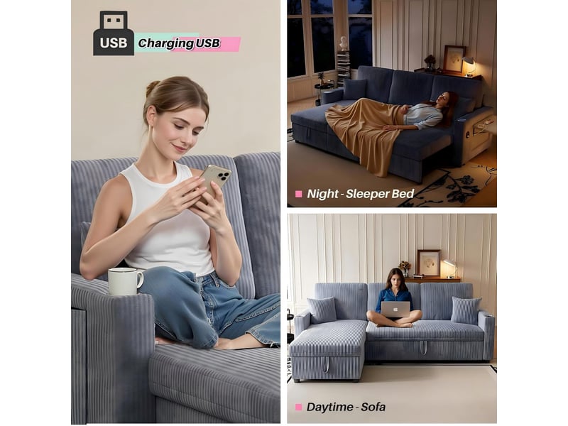 Canapé d'angle convertible,3 places avec rangement,velours côtelé,gris - Conforama D
