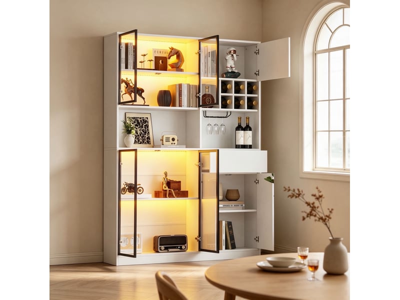 Vitrine avec led, 7 portes, 1 tiroir, 9 niches, range-verres et casiers à bouteilles, pour salon 140 × 30 × 200 cm - Conforama B