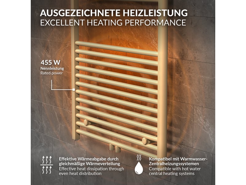  Luxebath sèche-serviettes design sahara 500 x 1200 mm, raccordement central, droit, haute conductivité thermique, radiateur mural porte-serviettes pour salle de bain, puissance 455 w, beige mat ECD Germany GmbH - Conforama D