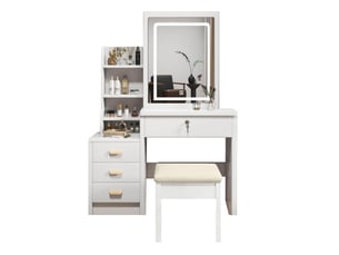 Coiffeuse élégante avec miroir led 85x36x130 cm, table de maquillage, tabouret, grand rangement, 4 tiroirs, mdf blanc