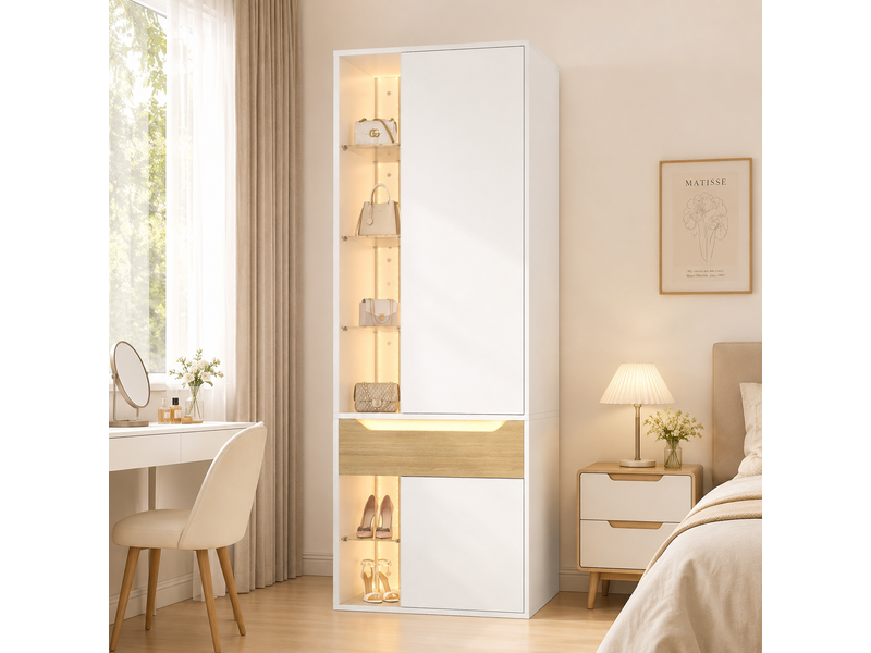 Armoire blanche avec led et vitrine en verre 75x50x200 cm - penderie mdf avec 1 tiroir et 6 étagères - Conforama B