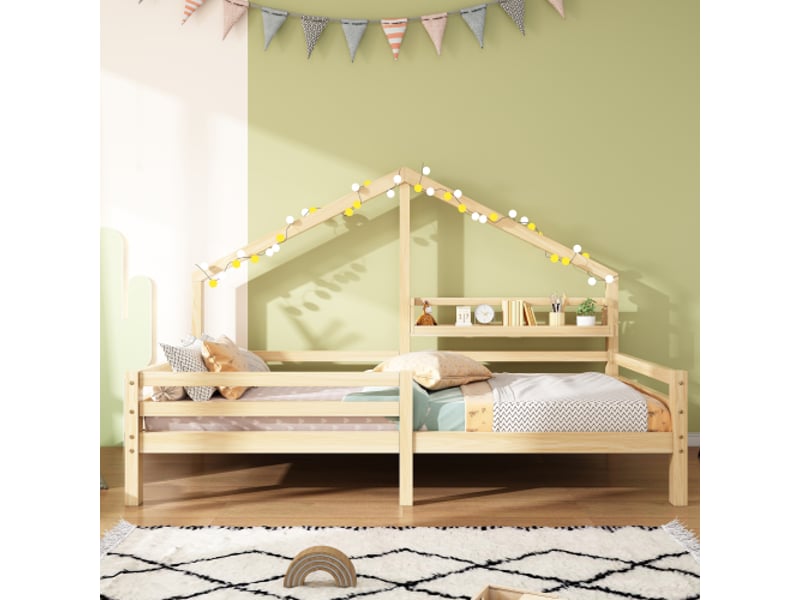  Lit enfant 90x200cm,lit cabane en pin avec étagère et garde-corps,naturel lit enfant naturel - Conforama B