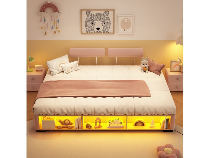  Lit enfant 140x200 cm, couchage bas, rangement latéral led, appuis-tête modulables, velours rose, sans matelas  - Conforama E