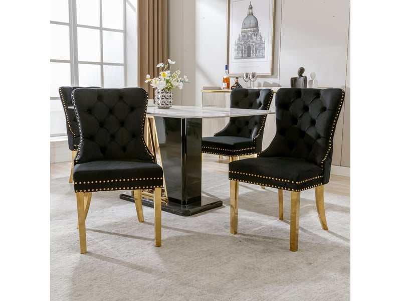  Lot de 4 chaises 65,5x51x95 cm, piètement acier doré, clous décoratifs, revêtement velours noir, pour salle à manger  - Conforama E