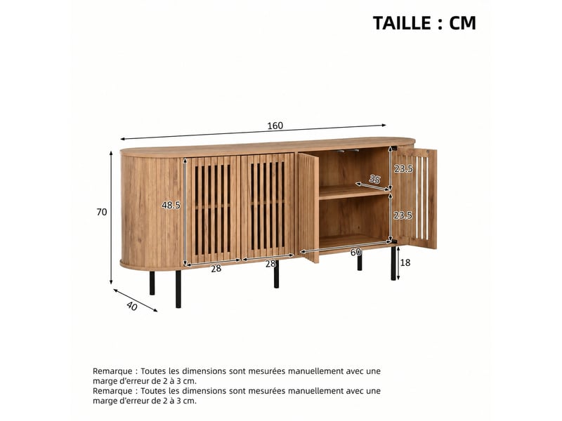  Buffet 160 cm avec portes coulissantes, étagères réglables, pieds métal, bois naturel  - Conforama E