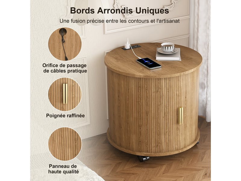  Chevet rond 60x60x60 cm à roulettes avec station de charge, prise et 2 usb, porte coulissante et rangement salon chambre, mdf, naturel Sol Morn - Conforama E