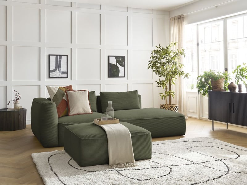  Bobochic canapé droit fixe 3 places leopold velours côtelé avec pouf vert clair  accoudoir gauche LEOPOLD - Conforama B