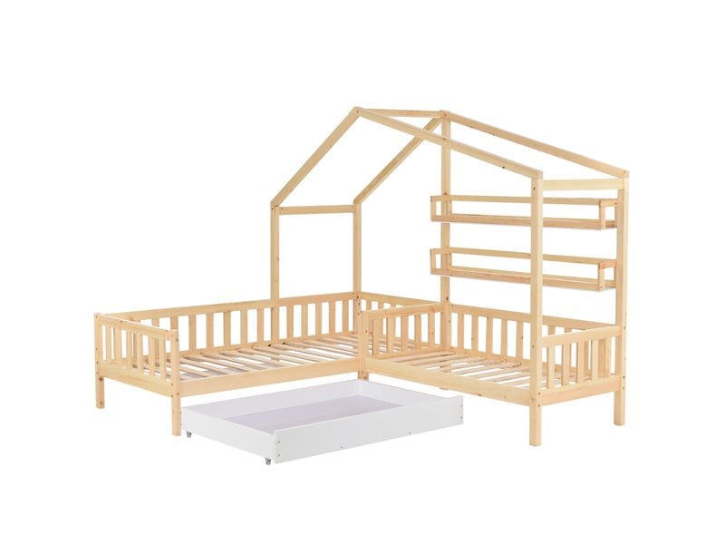 Lit cabane 2 couchages 90 × 200 cm et 140 × 70 cm avec tiroir, étagères et barrière, sans matelas, naturel - Conforama A