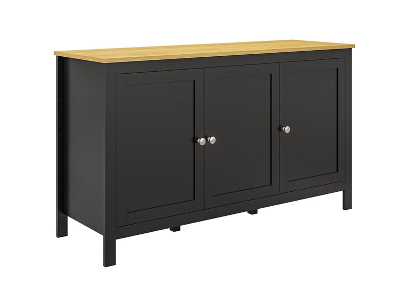  Buffet de rangement, 3 portes, 2 étagères réglables, plateau aspect bois clair, 120x40x70 cm, noir  - Conforama A