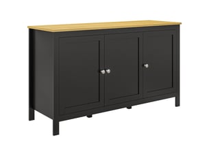 Buffet de rangement, 3 portes, 2 étagères réglables, plateau aspect bois clair, 120x40x70 cm, noir