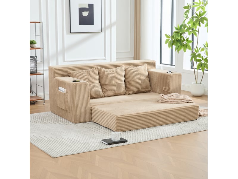  Canapé modulable 3 places modenvie en velours côtelé kaki avec porte-gobelets et poches latérales  - Conforama B