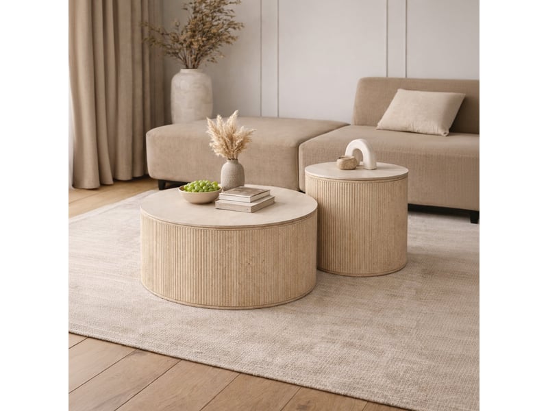  Lot de 2 tables basses rondes plateau en céramique beige  - Conforama D