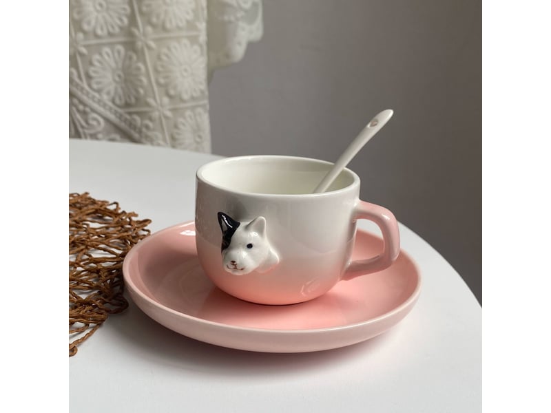  Ensemble tasse, soucoupe et cuillère, bull-terrier rose, céramique, 200 ml  - Conforama B