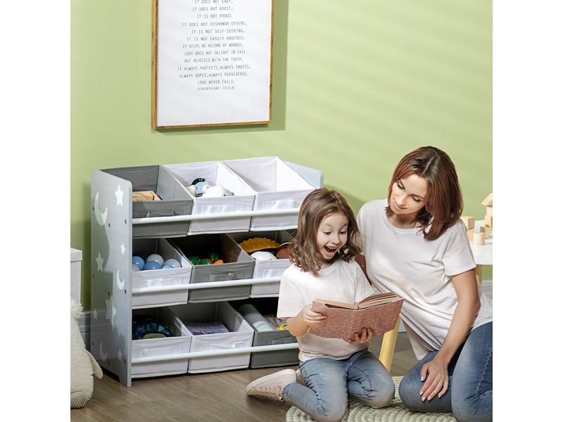  Armoire à jouets avec 9 paniers amovibles en mdf et tissu, 63 x 30 x 60 cm, gris et blanc  - Conforama B