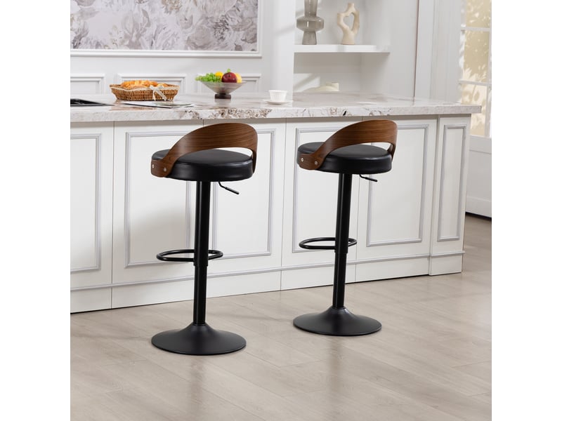  Lot de 2 tabourets de bar réglables - 42,5 x 42 x 77-98 cm - bois de noyer et siège pivotant à 360° en cuir pu - noir  - Conforama D
