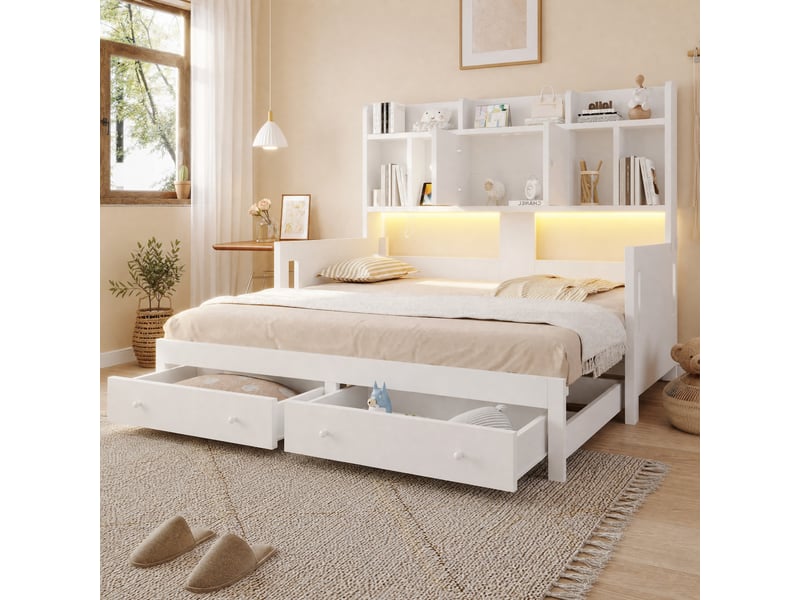  Lit gigogne 90x190 cm avec rangement et prises en bois blanc  - Conforama D