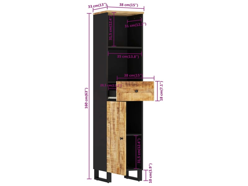 Armoire de salle de bain, cabinet de salle de bain 38x33x160 cm bois massif de manguier cf65002 - Conforama E
