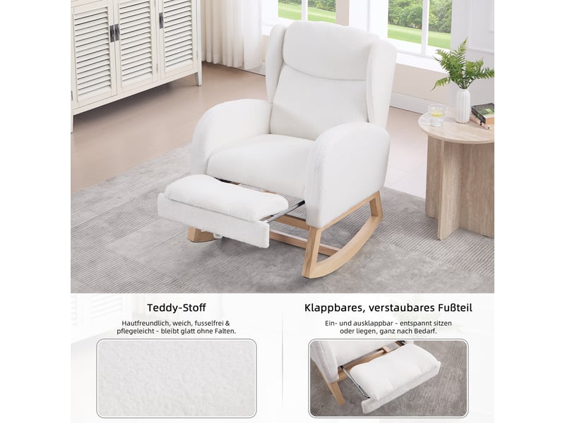 Fauteuil à bascule teddy avec repose-pieds réglable et poche, dossier haut, blanc - Conforama E