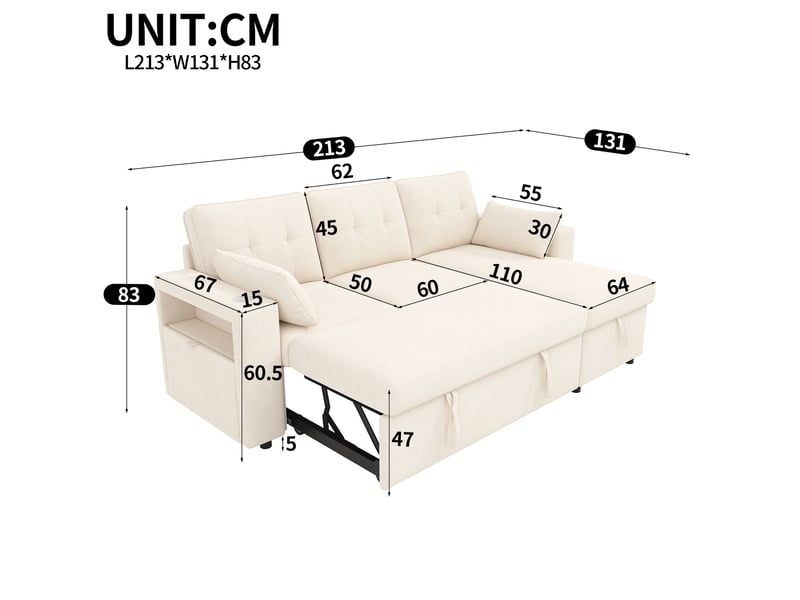 Canapé d'angle en l convertible, méridienne réversible, rangement, led, usbtype-c, tissu chenille beige - Conforama C