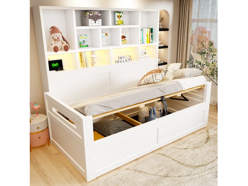  Lit coffre 1 place modenvie 90 x 200 cm avec led, prises et rangement mdf blanc  - Conforama D