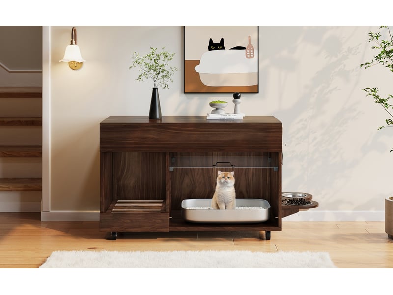  Meuble litière mobile décor bois foncé 100 cm avec 2 gamelles, tiroirs et plateau récupérateur amovible pratique  - Conforama B