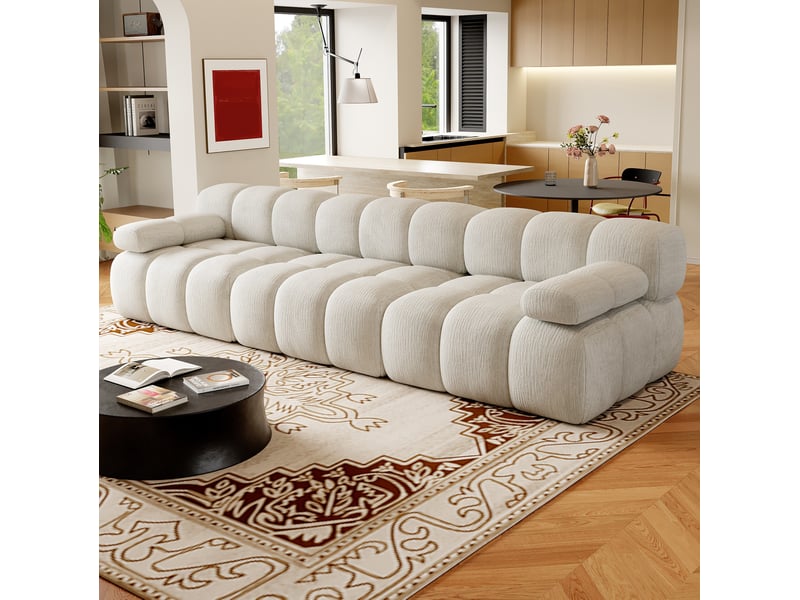  Canapé droit 3 places compressé 300x100x68 cm en mousse douce et tissu chenille couleur blanc, moderne  - Conforama E