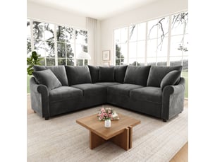 Canapé d'angle 5 places en forme de l 217x217x83 cm - avec 3 coussins décoratifs - tissu chenille - gris