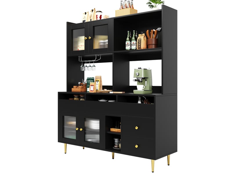  Buffet haut 145x39x171 cm noir mdf, portes vitrées, range-vaisselle et bouteilles  - Conforama A