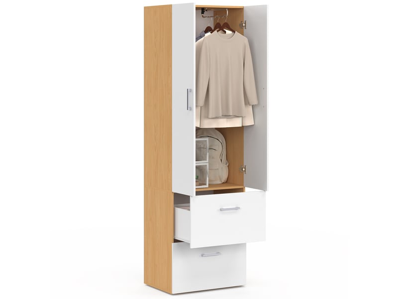 Armoire 2 portes juliana blanc et bois penderie 50 cm avec 2 tiroirs  - Conforama C