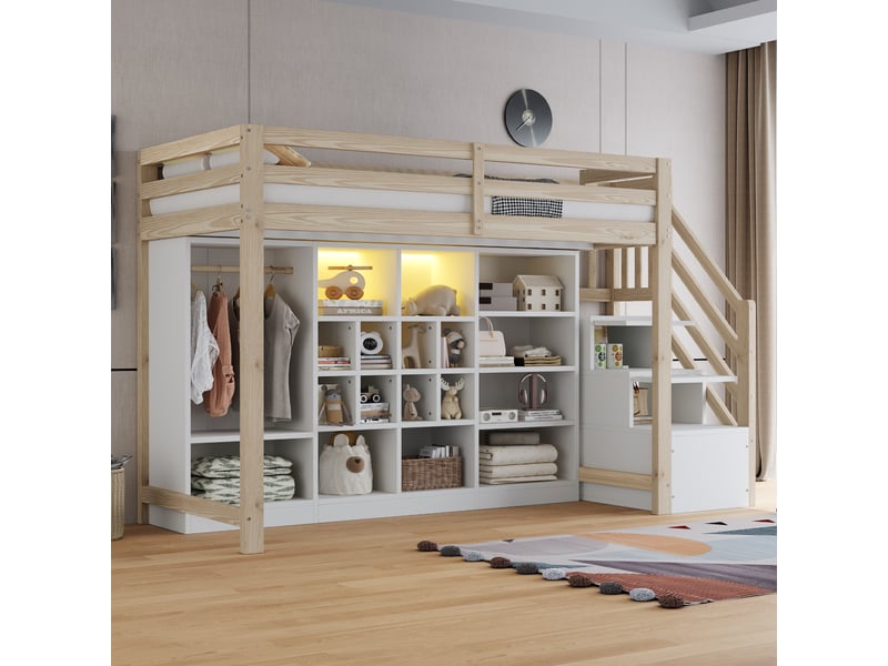  Lit mezzanine bois 90x200 cm avec rangement, armoire, étagères, placard, led intégrée, cadre et échelle intégrés  - Conforama B