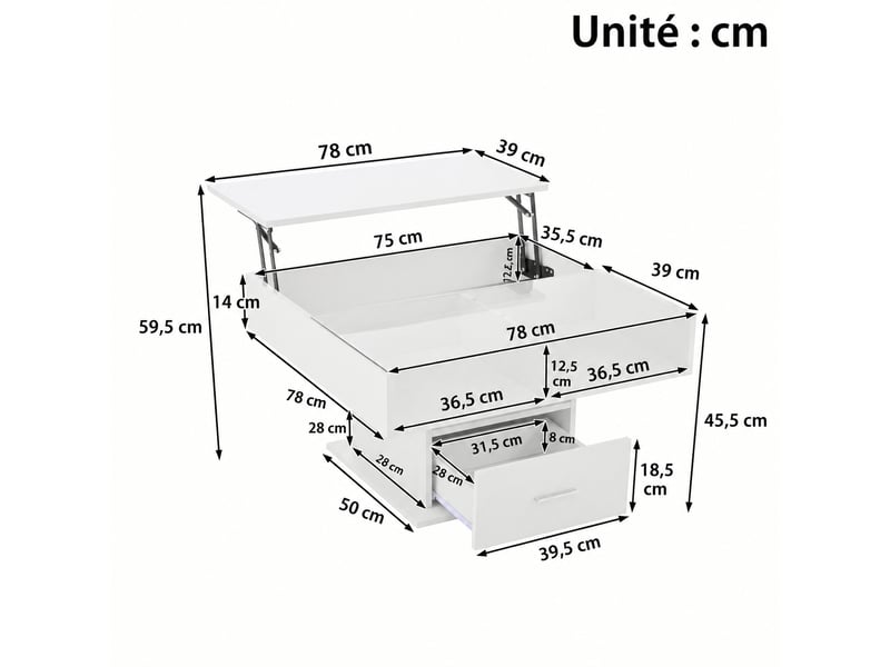  Table basse relevable blanche brillante avec éclairage led et hauteur réglable, 78 x 78 cm  - Conforama C