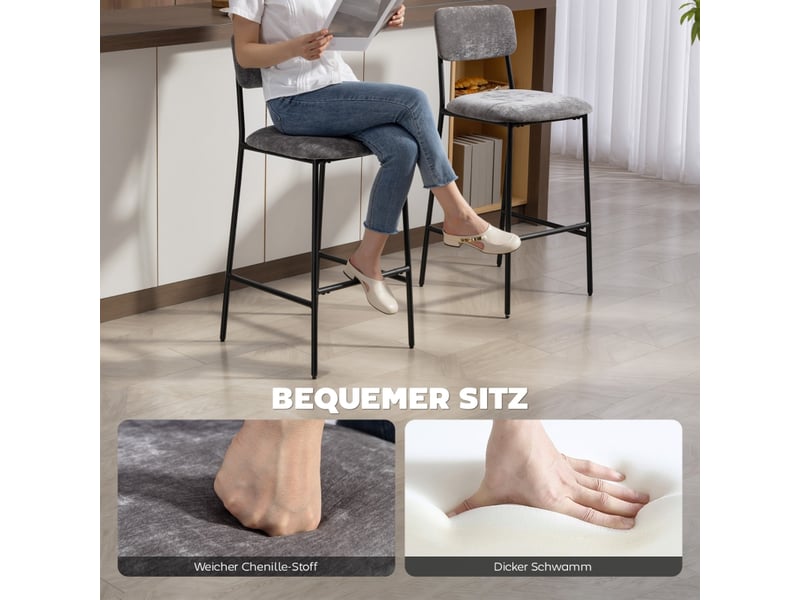  Tabourets de bar lot de 2 avec dossier haut et repose-pieds - lpospi - structure acier, polyester - gris  - Conforama E