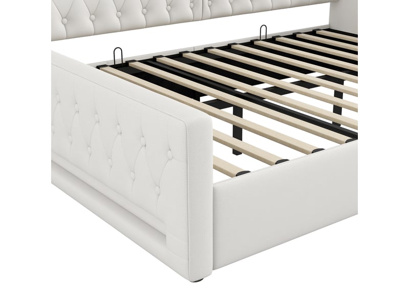  Lit banquette coffre 140 × 200 cm, dossier rembourré, rangement sous sommier relevable, éclairage led, lin beige  - Conforama E