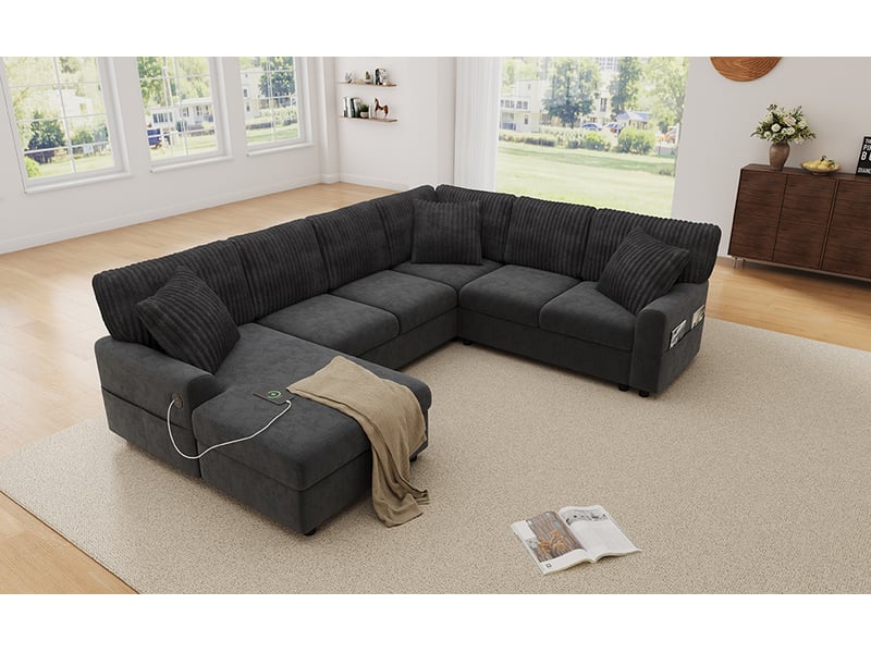  Canapé panoramique en u avec ports usb et type-c, 3 coussins, revêtement chenille et corduroy gris  - Conforama E