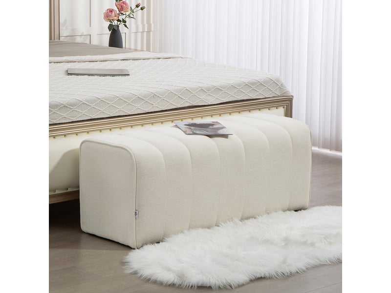  Banc de chambre moderne, banquette rembourrée avec structure en bois, capacité de charge jusqu'à 220 kg, repose-pieds, blanc crème  - Conforama C