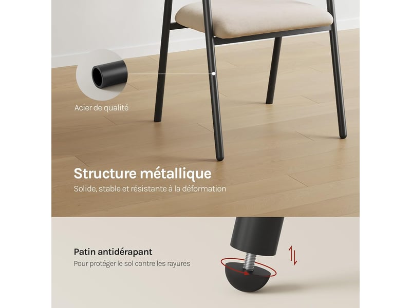 Lot de 2 chaise de salle à manger, beige,en chenille et métal, siège rembourré, dossier et accoudoirs intégrés - Conforama E