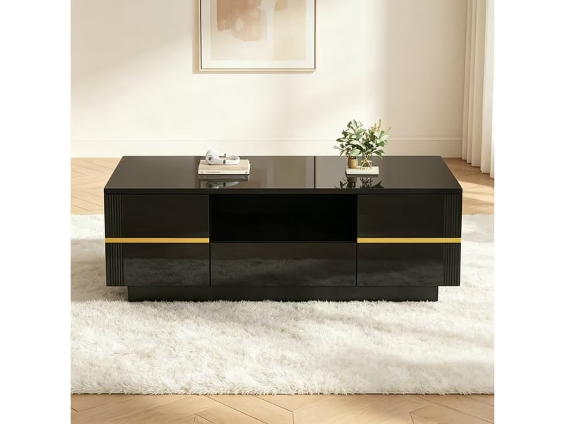 Table basse noire et or 100x50 cm, table de salon moderne avec 2 portes et 1 tiroir, finition brillante - Conforama D