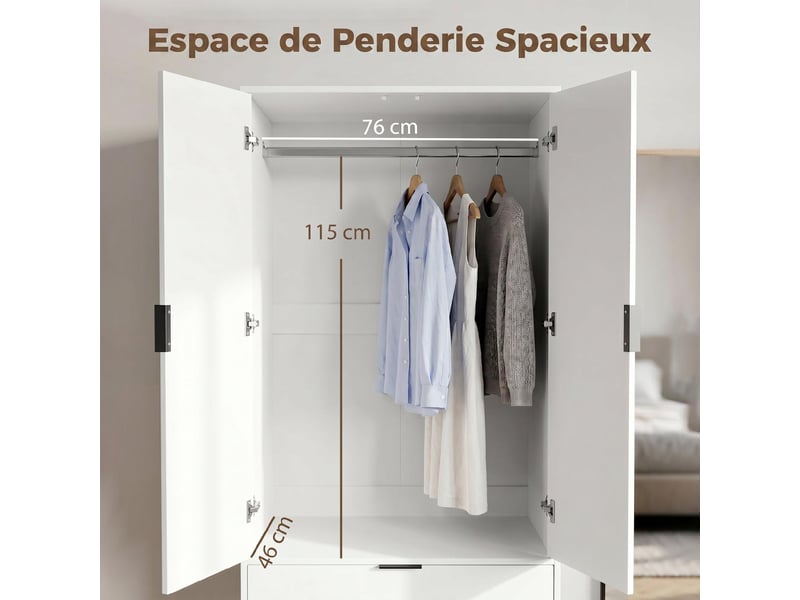  Armoire penderie 2 portes et 2 tiroirs panneau de particules blanc 80x50x180 cm  - Conforama D