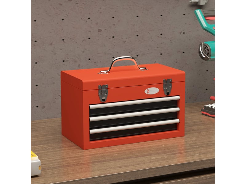 Caisse à outils 45 x 24 x 27 cm rouge en acier, 3 tiroirs, compartiment supérieur et poignée de transport - Conforama B