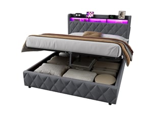 Lit coffre 160x200 avec éclairage led et prise électrique, lit pour adolescents avec étagères ouvertes et coffre de rangement, grise,sans matelas