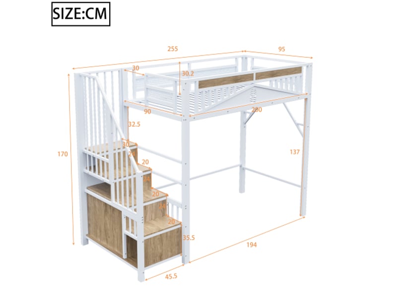  Lit mezzanine 90x200cm coloris blanc métal et bois lit enfant blanc - Conforama C
