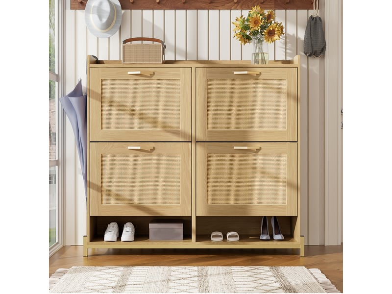  Meuble à chaussures 108,5 x 24 x 100 cm mdf,4 portes rotin,rangement d'entrée fin GL Store - Conforama D